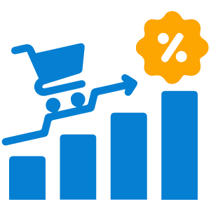 Rising bar chart with a shopping cart and a percentage badge