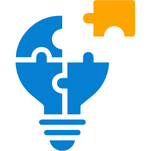 A lightbulb made of blue puzzle pieces with a yellow piece being added