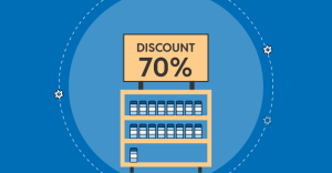 Illustration of a retail shelf with a “70% discount” sign, surrounded by gear icons representing promotion optimization or automated pricing.