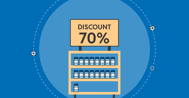 Illustration of a retail shelf with a “70% discount” sign, surrounded by gear icons representing promotion optimization or automated pricing.