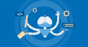 A futuristic, octopus-like robot against a blue background with radiating circles, juggling various tech icons, a pencil, and an email envelope in its many arms.