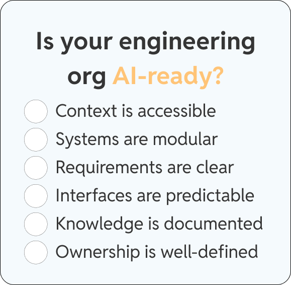 Checklist-style card "Is your engineering org AI-ready?" with the six conditions above as a scannable list with checkmarks