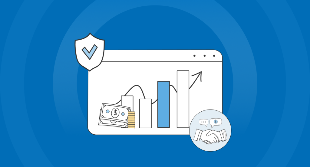 An illustration depicting financial growth, risk protection, and business partnerships with graphs, currency, and a handshake icon.