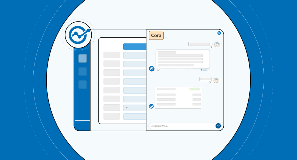 A stylized graphic of a software dashboard featuring an overlaying conversational AI chat assistant named "Cora."