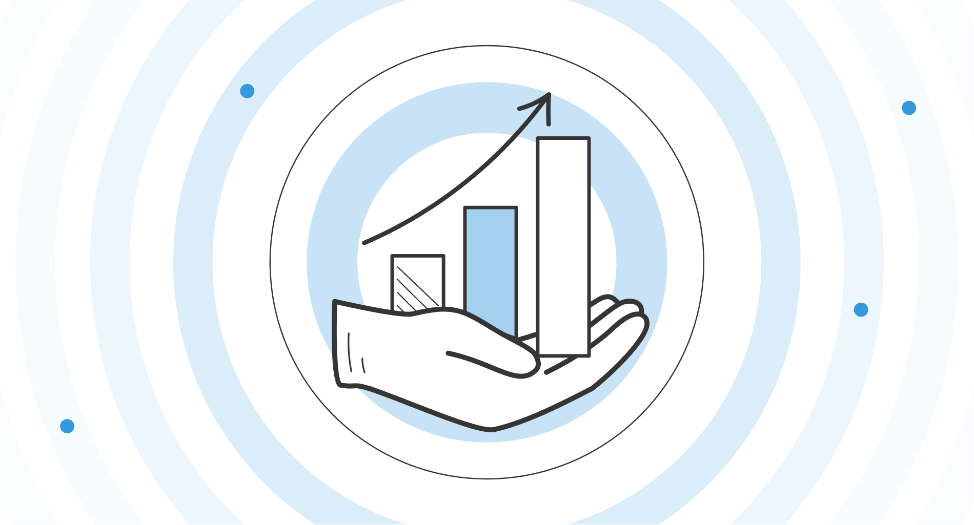 A minimalist graphic depicting an open hand holding a growing bar chart with an upward trend arrow.