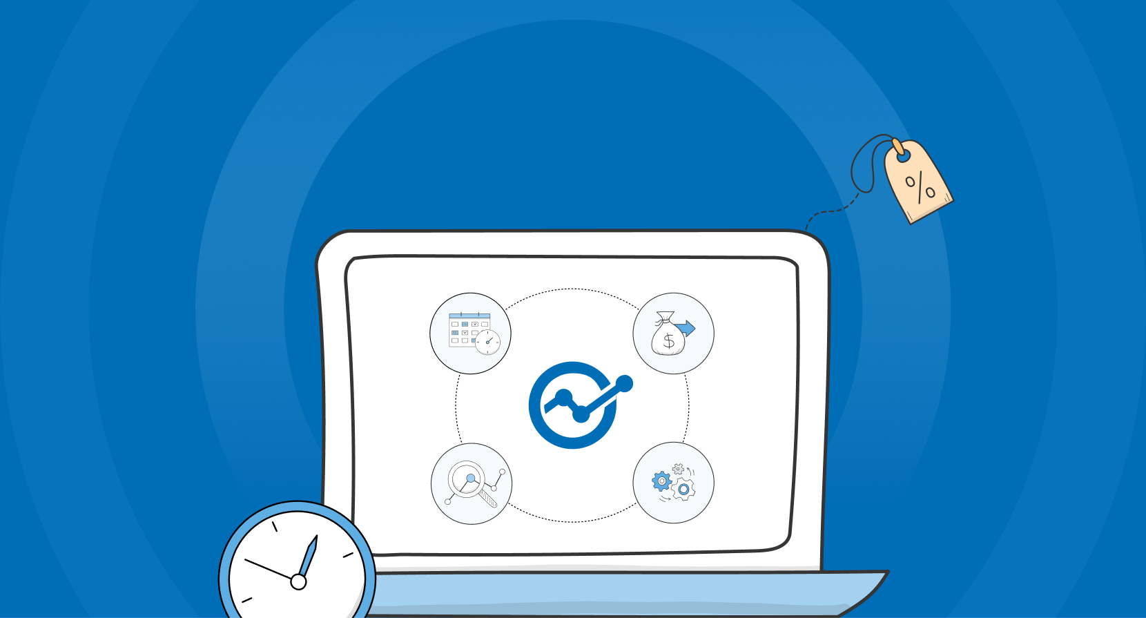 Illustration of a laptop displaying Cognira's blue logo surrounded by four feature icons (calendar, money bag, analytics, settings), flanked by a clock in the bottom left and a percentage tag in the top right.