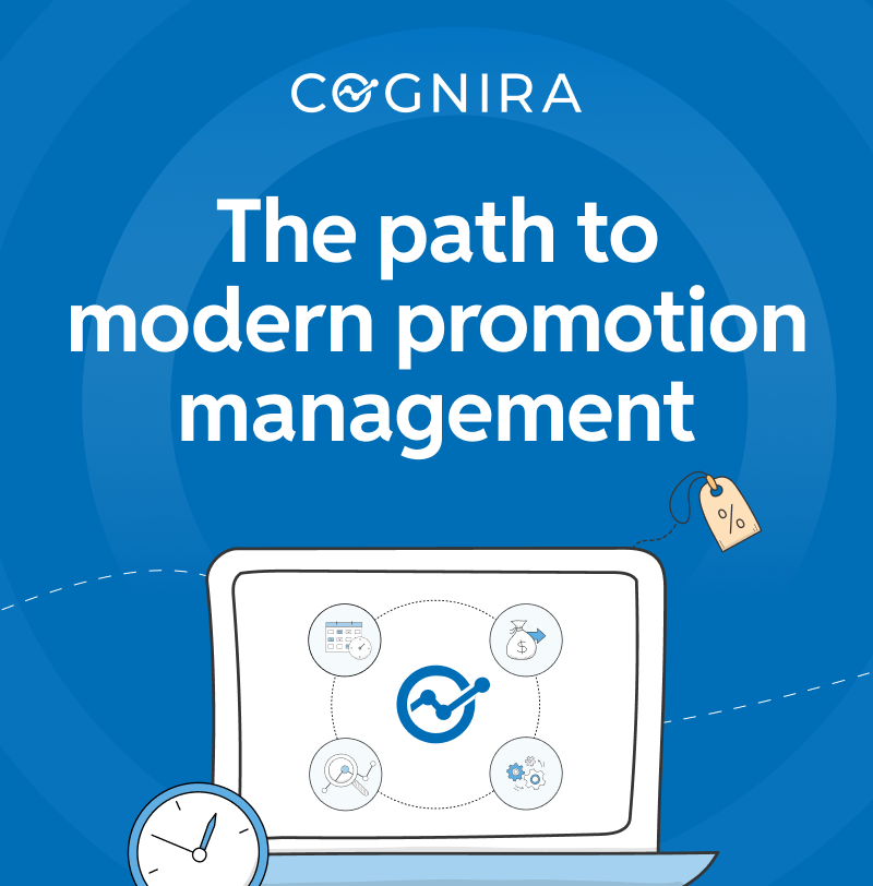 LinkedIn promotional banner for Cognira's executive brief on modernizing promotion management, showcasing key system capabilities including scheduling, trade funding, and analytics.