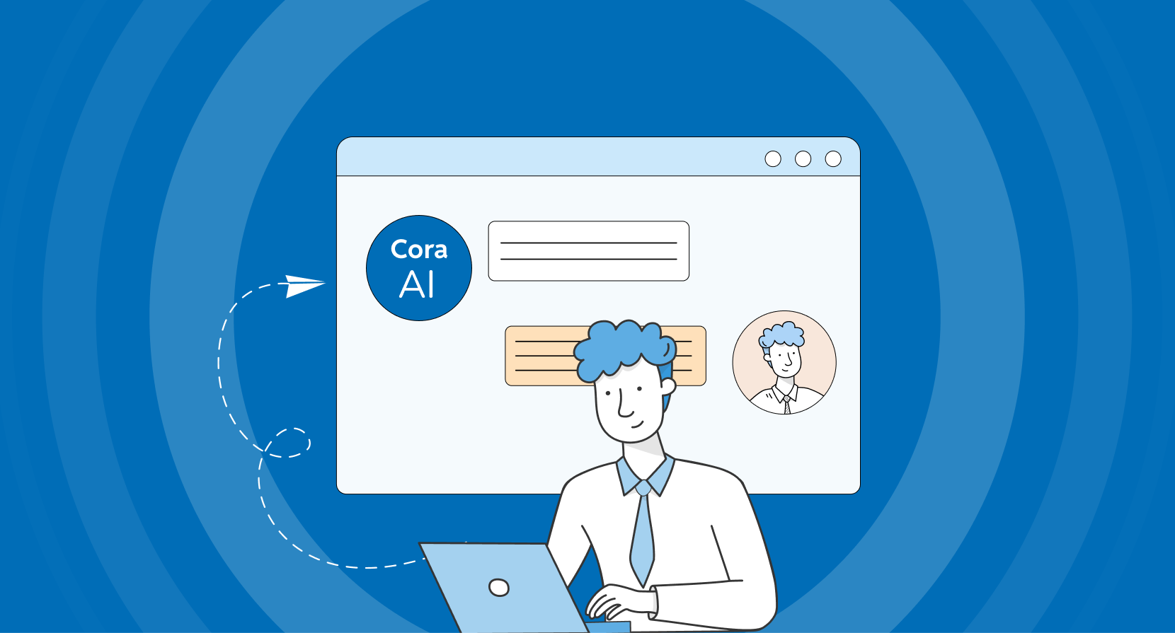 Illustration of a professional working on a laptop in front of a digital user interface displaying the "Cora AI" logo and chat elements set against a blue concentric background.