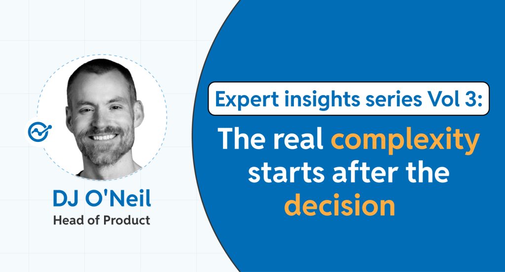 Thought leadership article banner featuring DJ O'Neil discussing post-decision execution in product management and retail technology