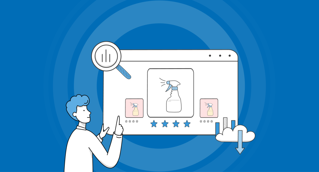 Illustration of a person analyzing product listings and ratings on a webpage to track promo performance.
