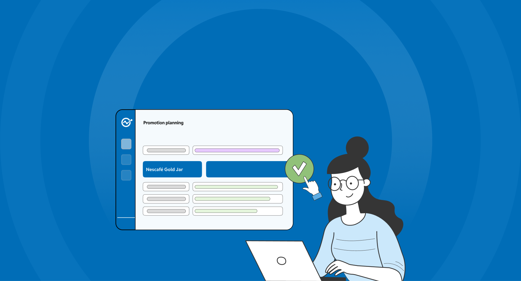 Graphic illustration of a woman using a laptop next to a promotion planning interface displaying a green checkmark icon.
