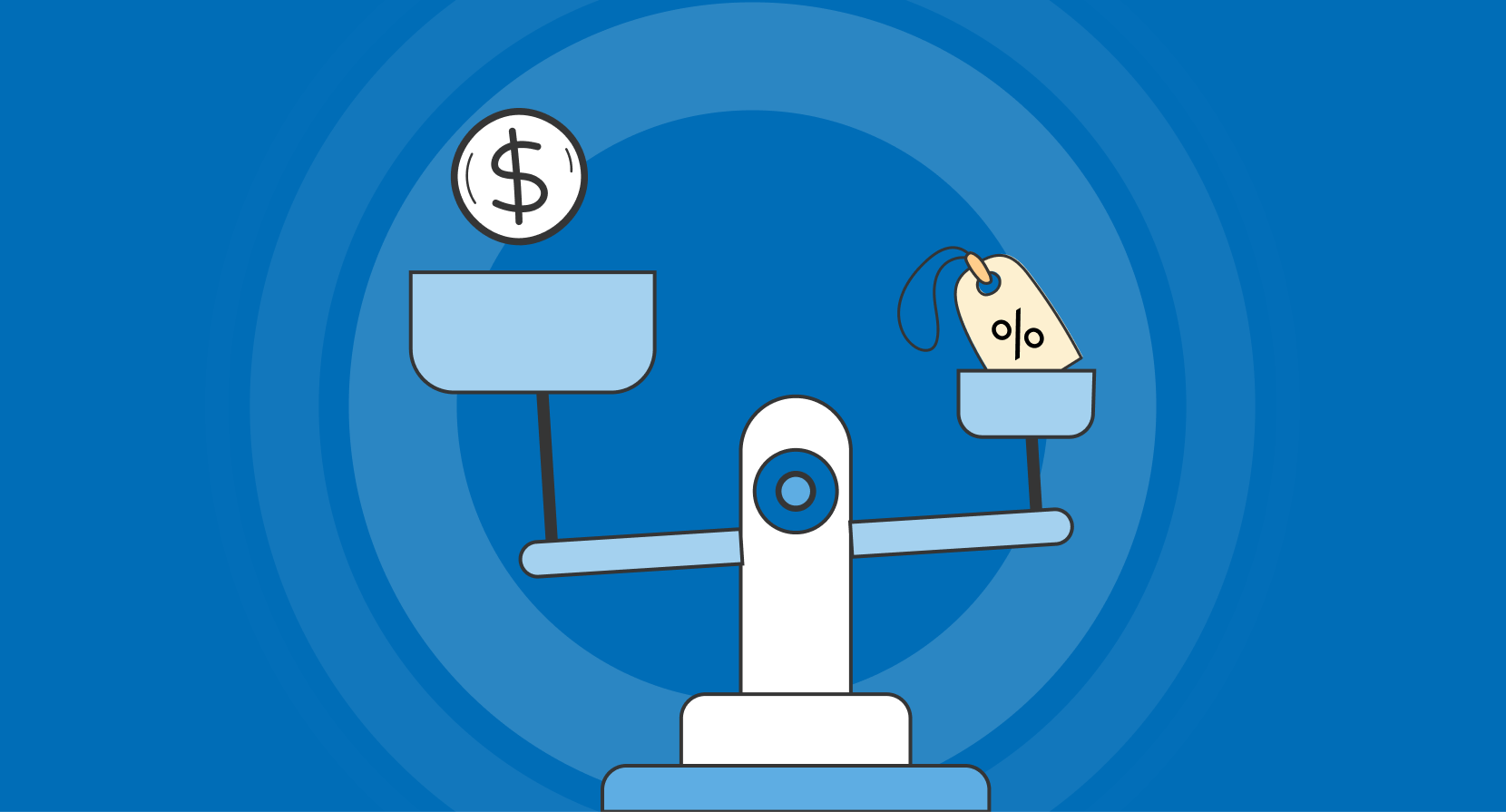 Line illustration of a two-pan balance scale weighing a dollar coin against a discount price tag to depict retail price sensitivity and customer value.