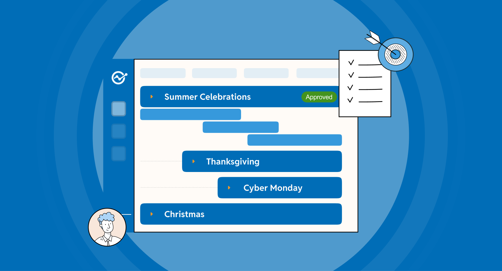 An illustration of a digital retail event planning calendar dashboard showing timeline bars for key campaigns including Summer Celebrations, Thanksgiving, Cyber Monday, and Christmas, with a target checklist icon indicating strategy alignment.