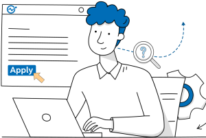 An illustration of a person with blue hair working at a laptop. In the background, there is a stylized web page with a prominent blue "Apply" button being clicked by a cursor, along with a magnifying glass containing a question mark and a partial gear icon.