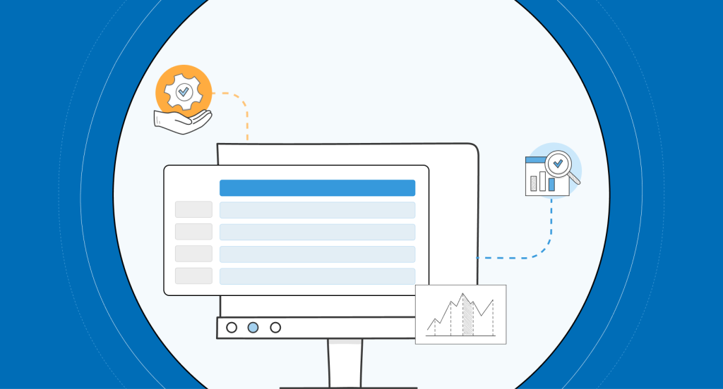 Conceptual illustration featuring a desktop computer displaying a software application UI surrounded by floating analytics and settings icons, connected by dashed lines set against a blue circular background.