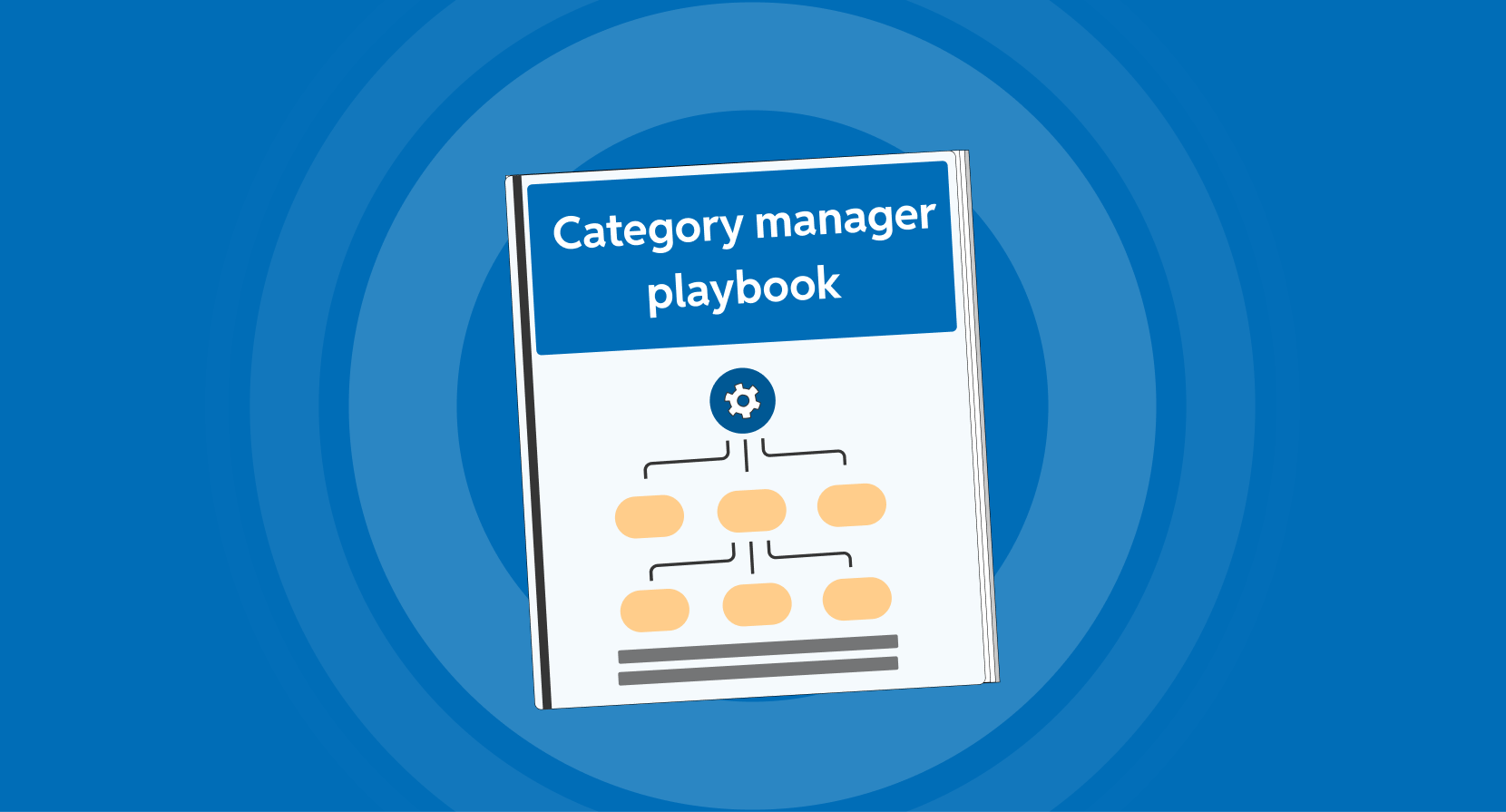 An illustration of a document cover titled "Category manager playbook," featuring a flowchart graphic with a gear icon and yellow nodes, set against a blue background with subtle concentric circles.